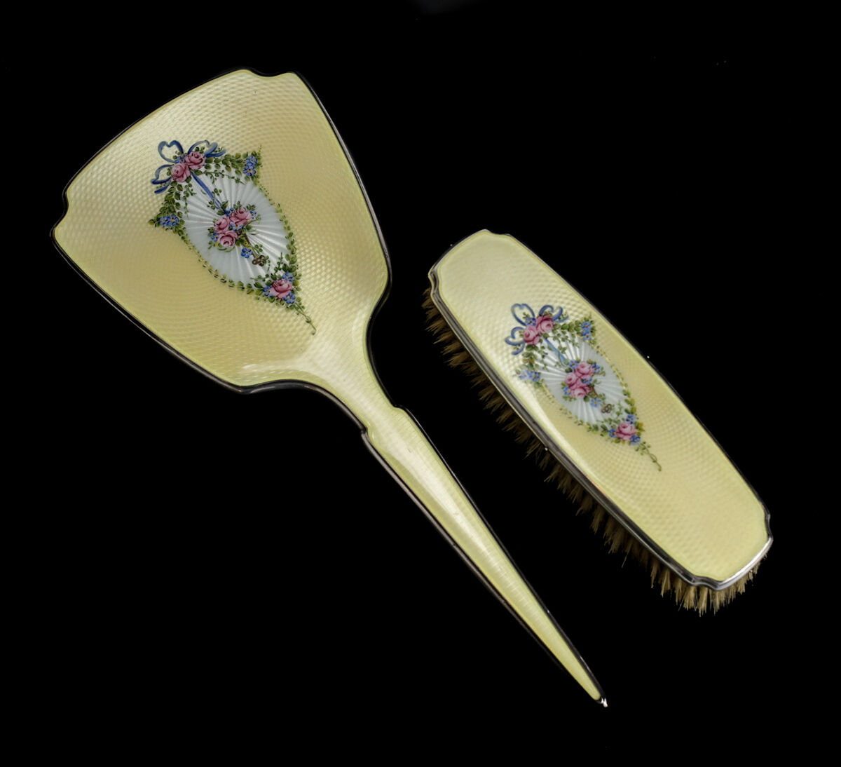 2pc Thomae Co. Sterling Silver Guilloche Enamel Mirror and Clothing Brush c1930 