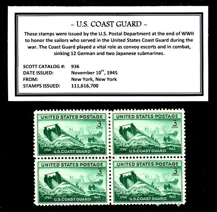 1945 - U. S.  COAST GUARD - Vintage (WWII)  Mint -MNH- Block of Postage Stamps