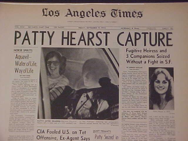 VINTAGE NEWSPAPER HEADLINE ~CRIME FUGITIVE HEIRESS PATTY HEARST KIDNAPED CAPTURE