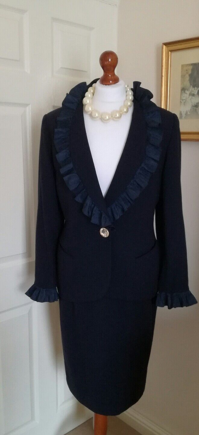 Authentic Christian Dior Vintage Navy Blue Dress Suit Jacket Skirt FR40 UK12