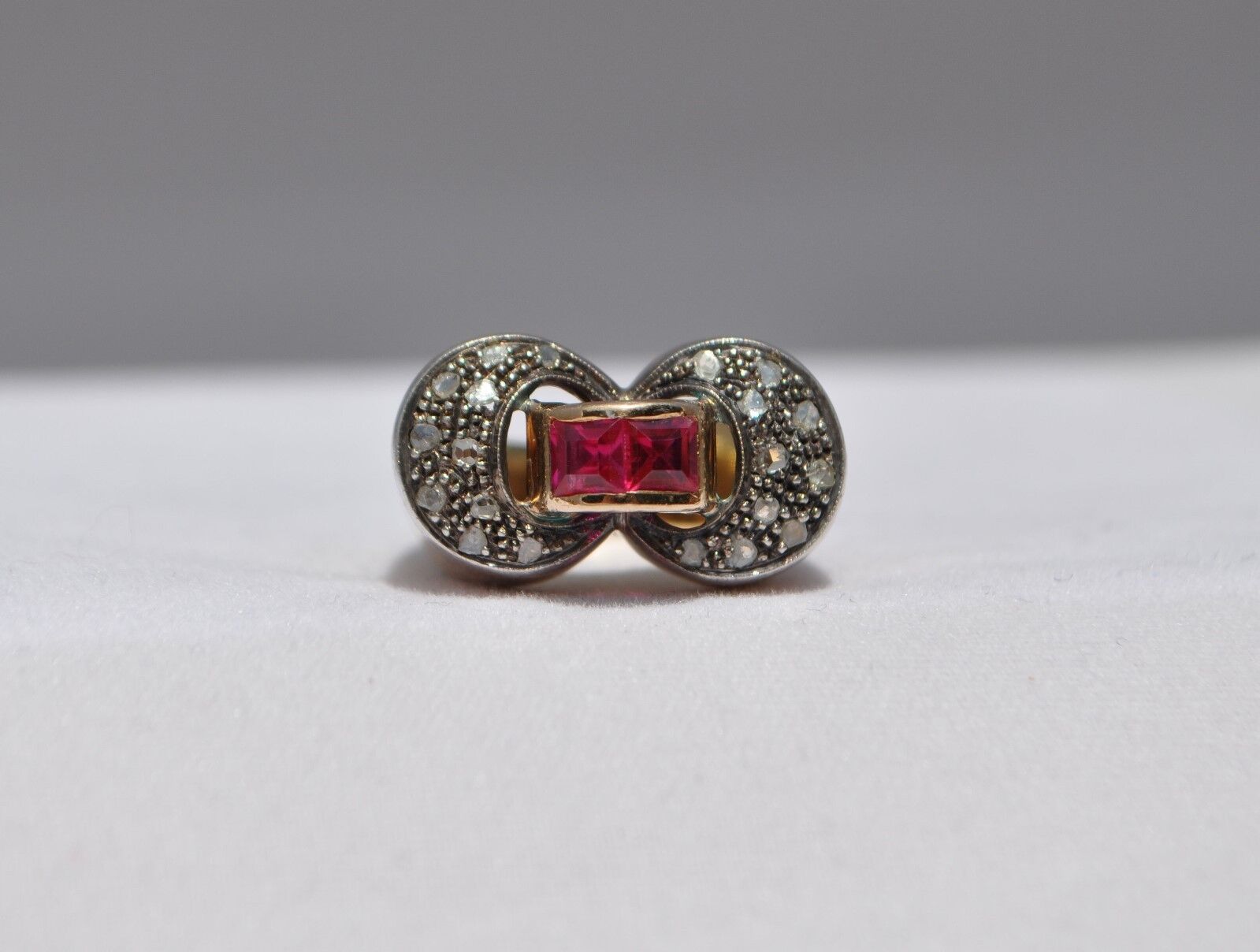 ANTIQUE OLD 1800S FRENCH EUROPEAN RING 18K SOLID GOLD PLATINUM - DIAMONDS RUBY 