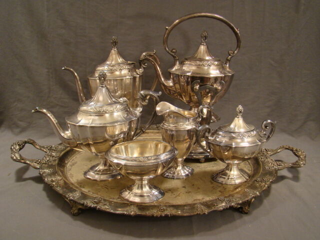 7 PC Antique VICTORIAN ESTATE WM ROGERS Old SILVER Plate TEA POT Set FOOTED TRAY
