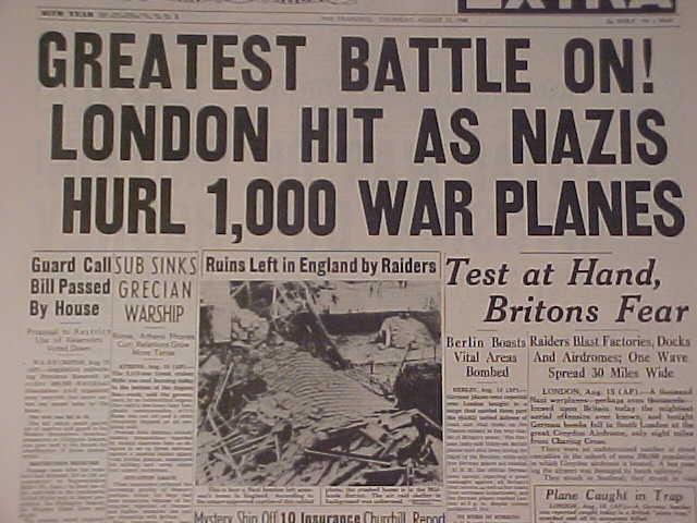 VINTAGE NEWSPAPER HEADLINE~WORLD WAR 2 GERMAN NAZI PLANES BOMB LONDON START WWII