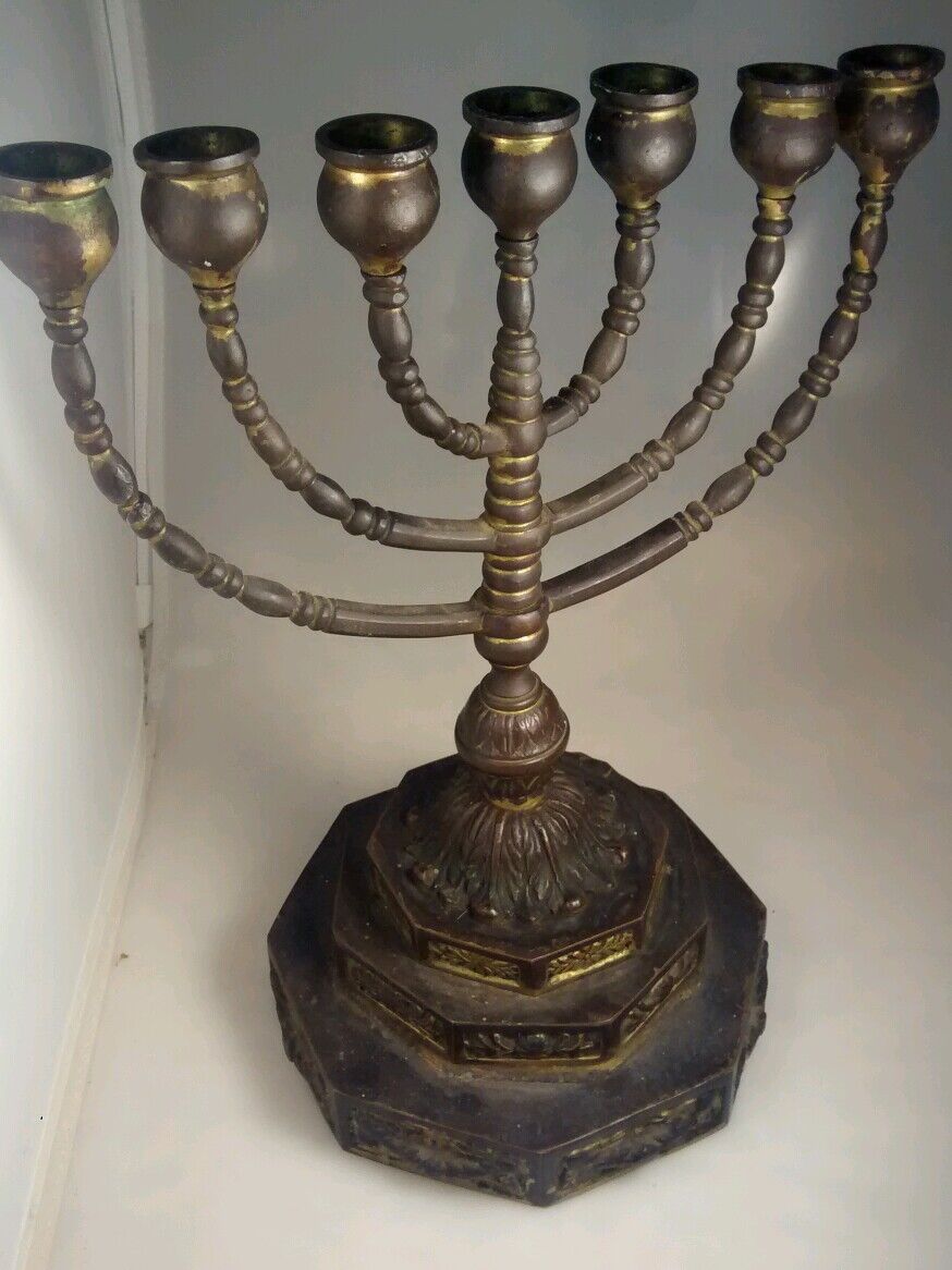 Antique vintage Jewish brass gold plate  Hanukkah Menorah candle holder 