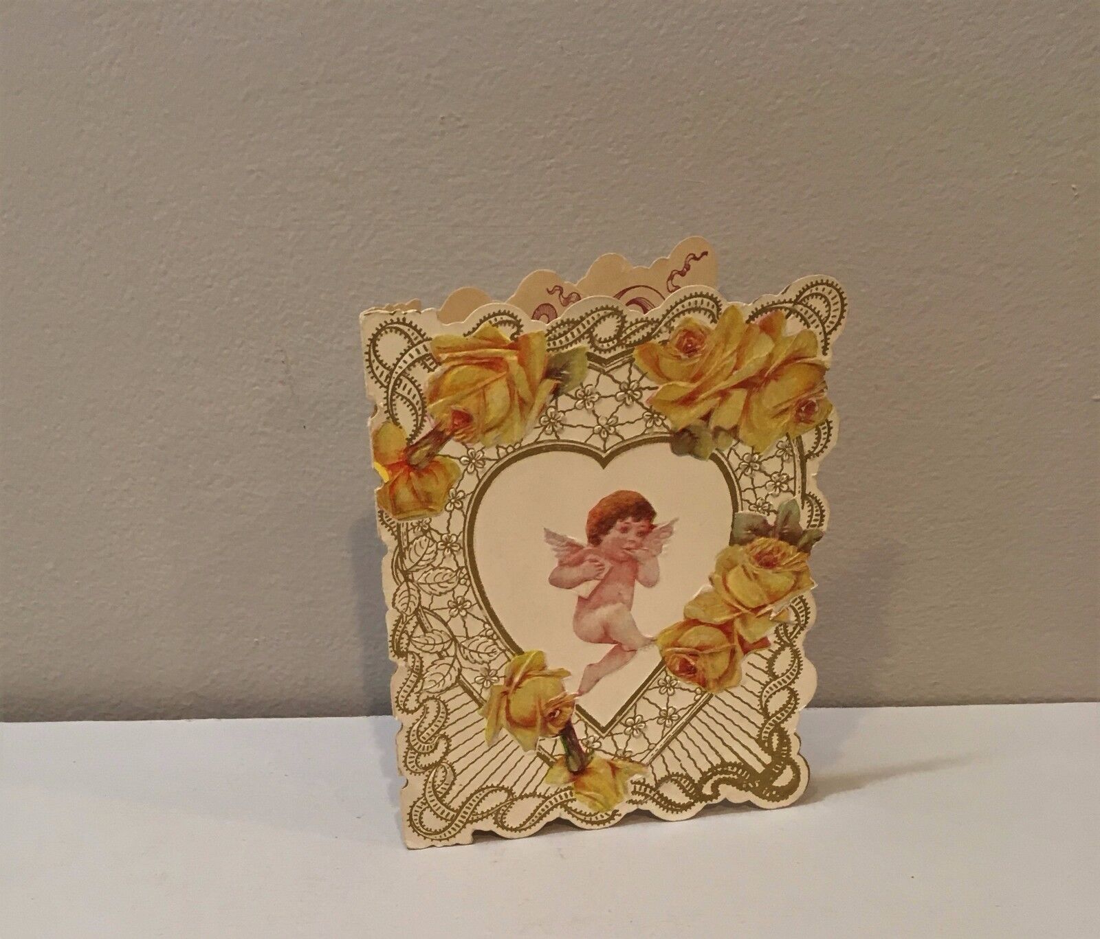 Vtg Valentine Card Yellow Roses Cupid Cherub