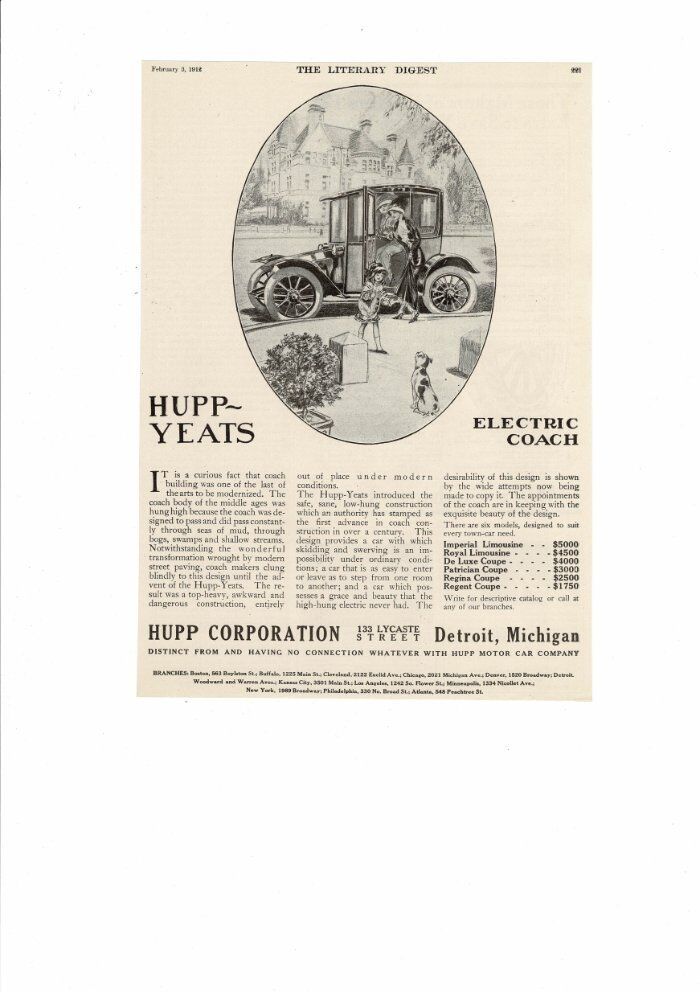 VINTAGE 1912 HUPP YEATS CORPORATION AUTO CAR ELECTRIC COACH AD PRINT