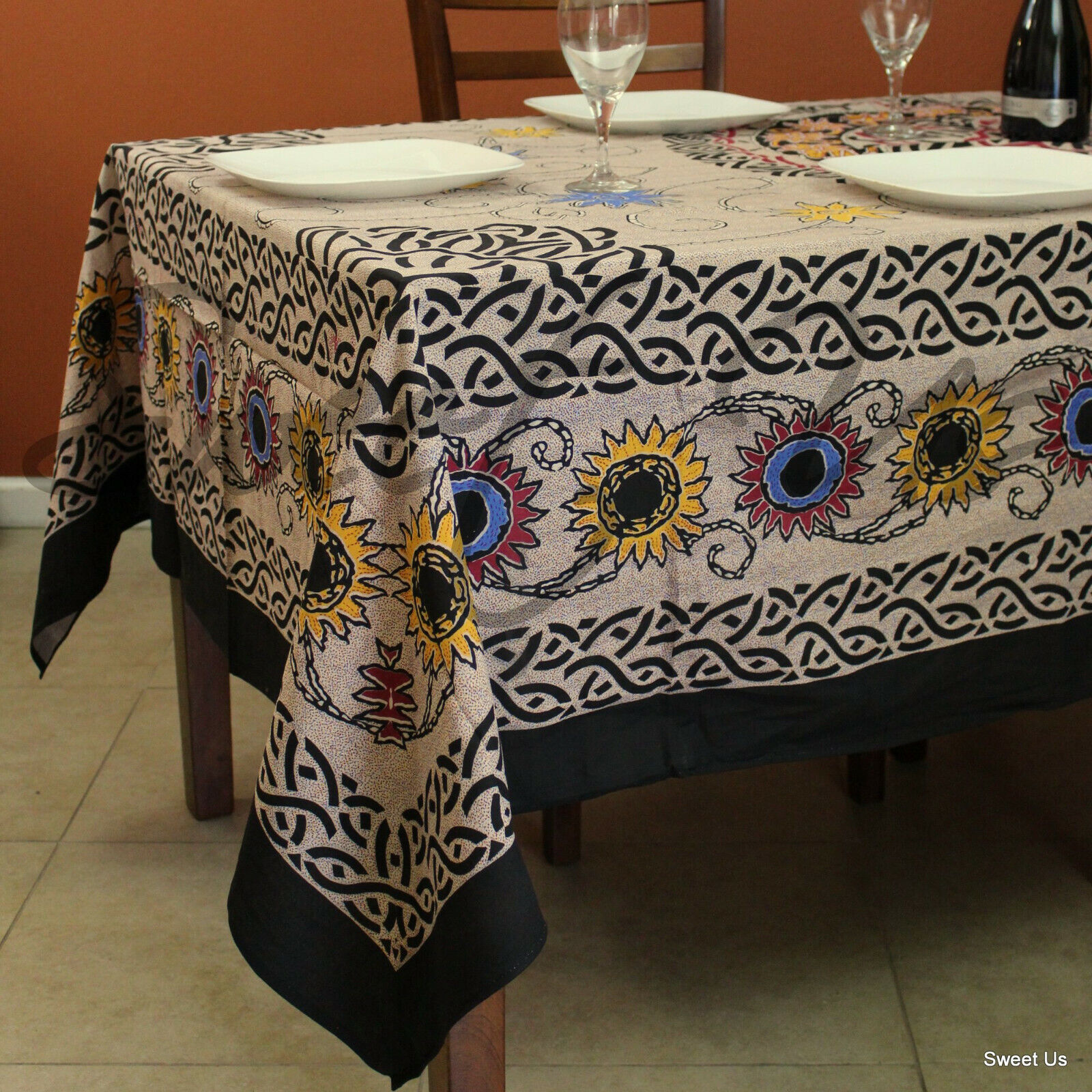Cotton Celtic Sunflower Tablecloth Rectangle 70x104 Beige Gold Red Blue Yellow