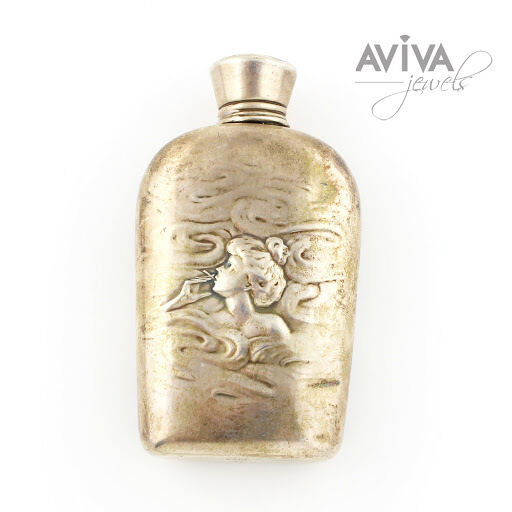 UNUSUAL STERLING SILVER  UNGER BROTHERS ART NOUVEAU FLASK WITH A LADY SMOKING
