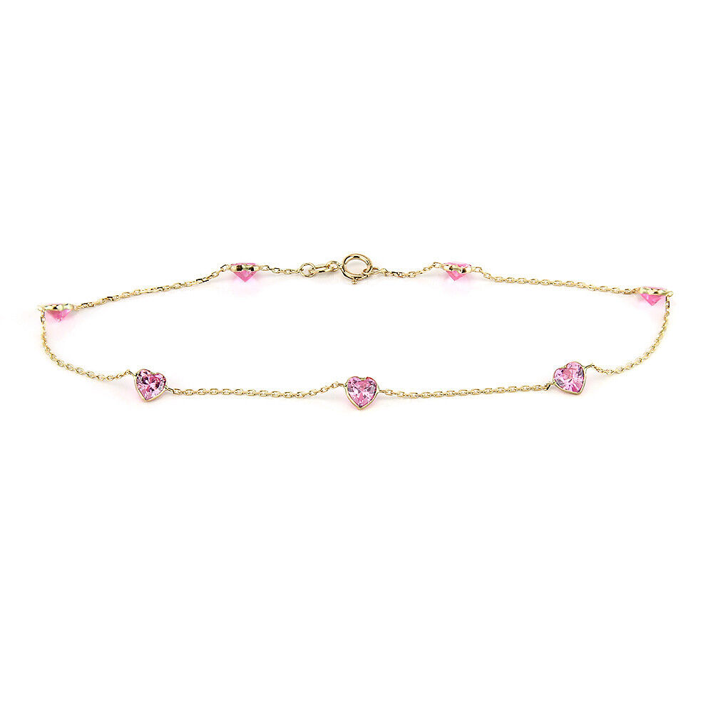14K Yellow Gold Pink Heart Shaped Cubic Zirconia Anklet Bracelet 9 1/2\