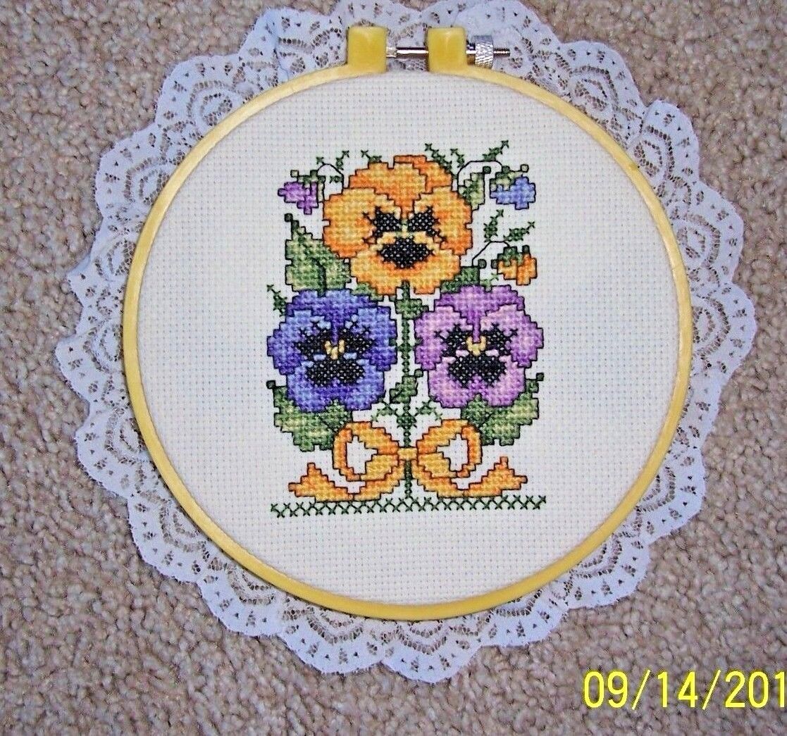 Counted Cross Stitched Pansies of Yellow, Blues, Purples, Green & Black