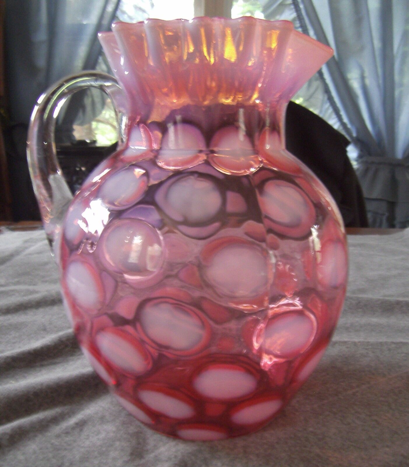 ANTIQUE NORTHWOOD CRANBERRY OPALESCENT COIN SPOT WATER PITCHER