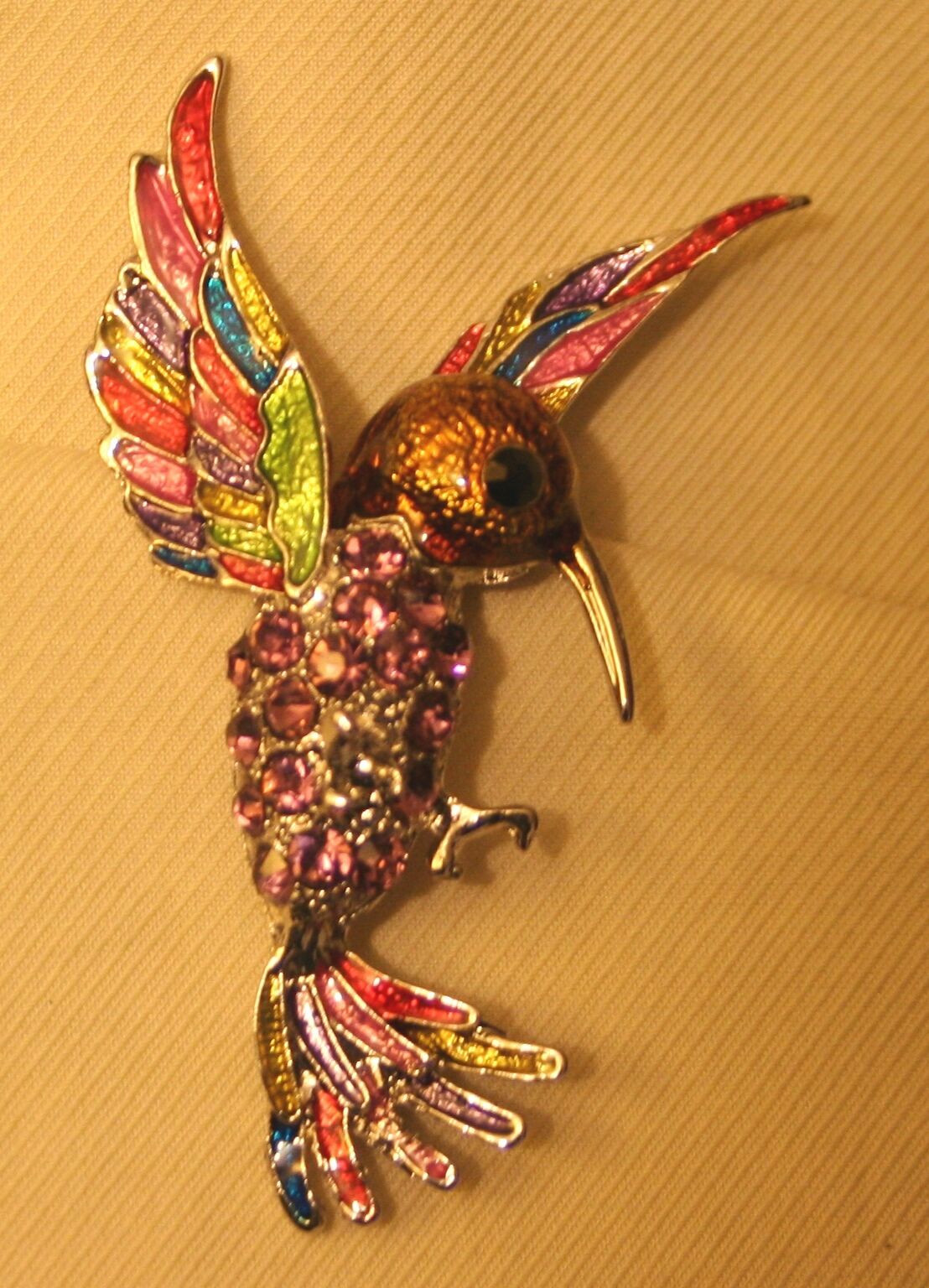 Colorful Enameled Pinkish Violet Crystal Rhinestone Hummingbird Brooch Pin