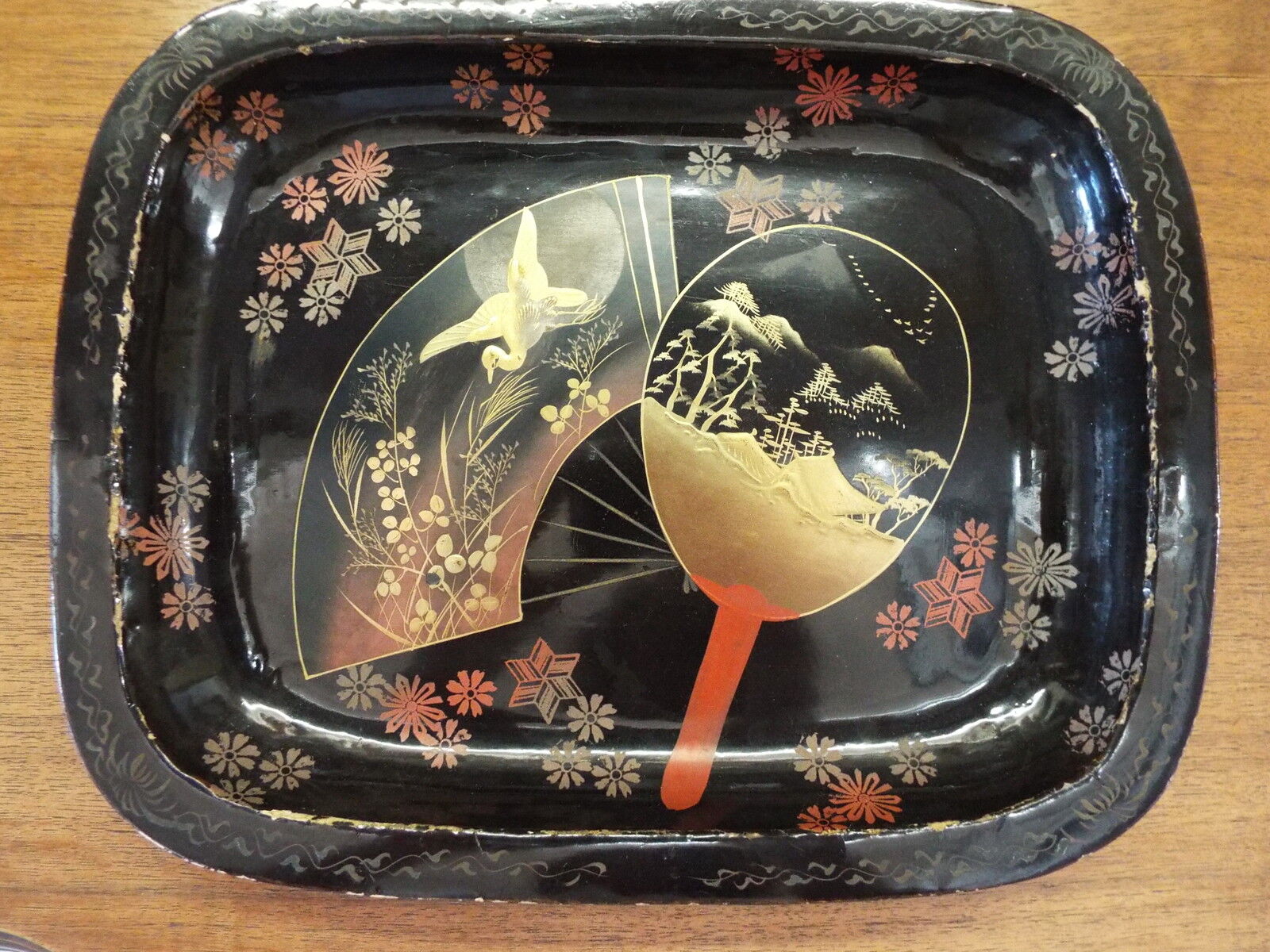 OLD JAPANESE LACQUER & GOLD GILDED SERVING TRAY NO RESERVE NR Antique Black