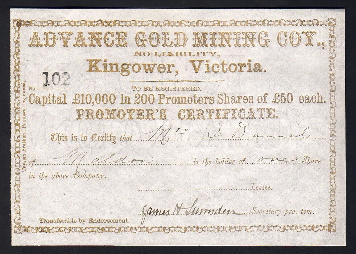 Share Scrip - Gold Mining. c mid 1800s. Advance Gold Mining Co - Kingower Vic. 