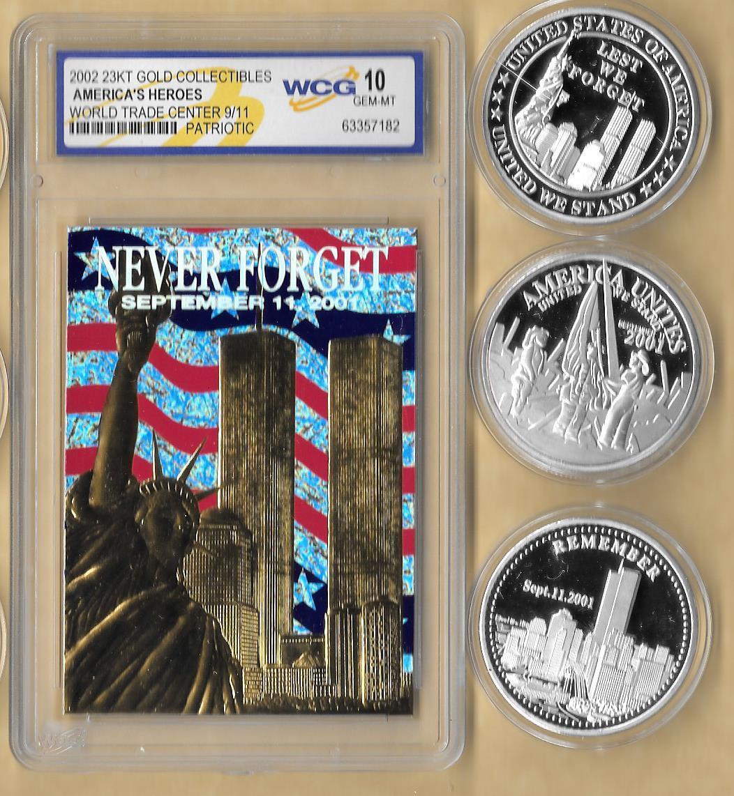 2002 23 Kt Gold World Trade Center 9/11 Patriotic  Silver 3 Coin Lot Grade