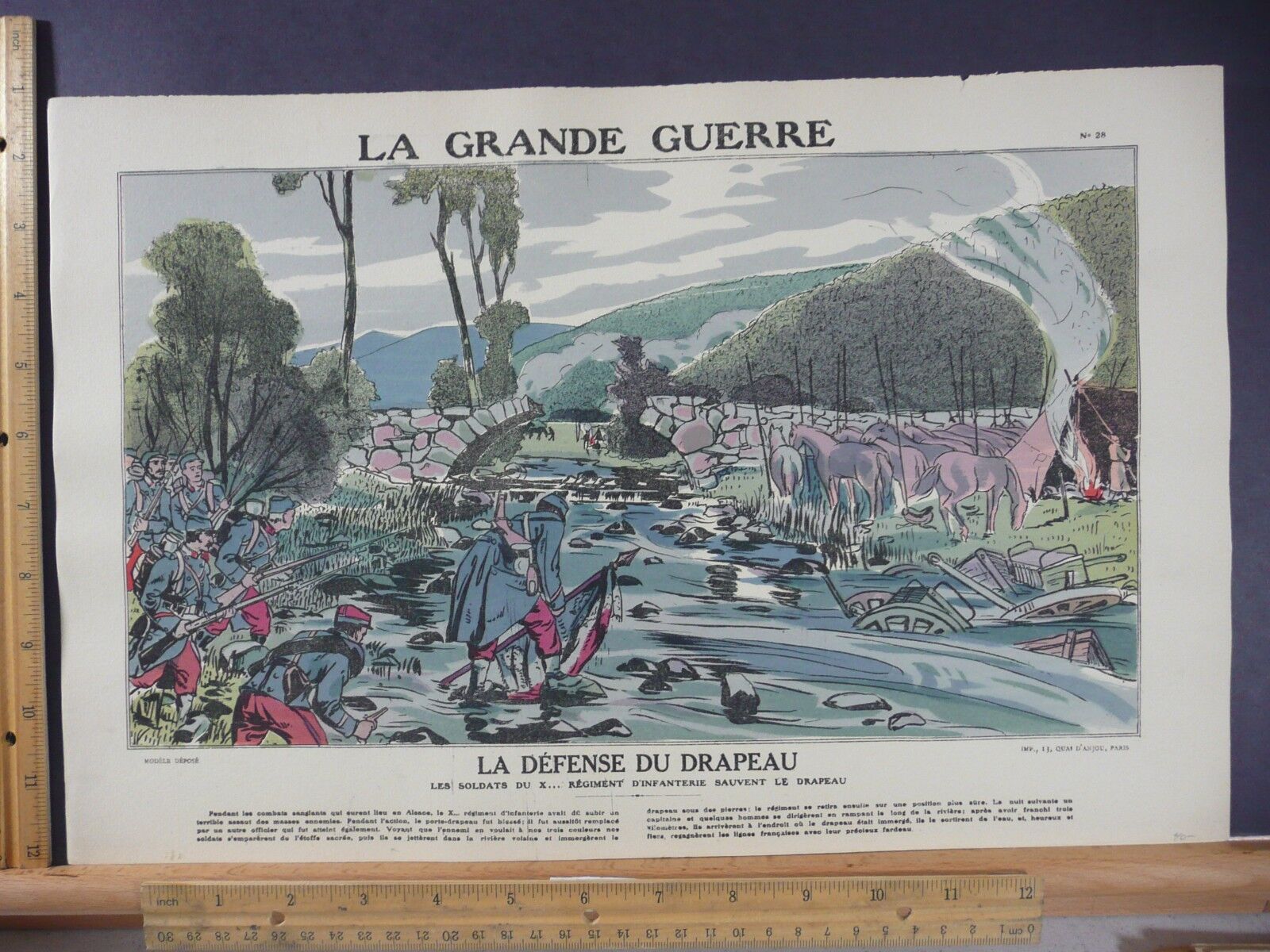 Rare Antique Original VTG WW1 La Defense Du Drapeau Color WWI Litho Art Print