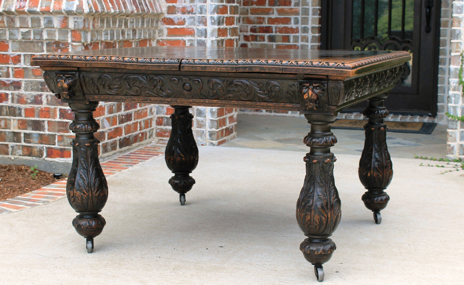 Antique French Dark Oak LARGE Gothic Lion\'s Mask Dining Library Table 19th Cent