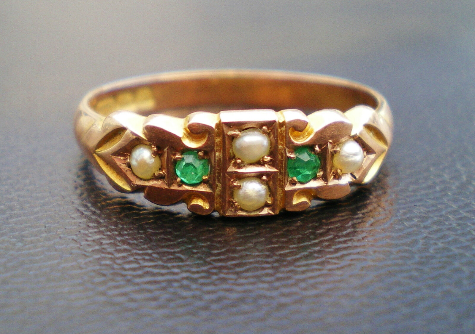 Stunning Antique Victorian 9ct Rose Gold Emerald & Pearl Ring c1900; UK Size \'Q\'