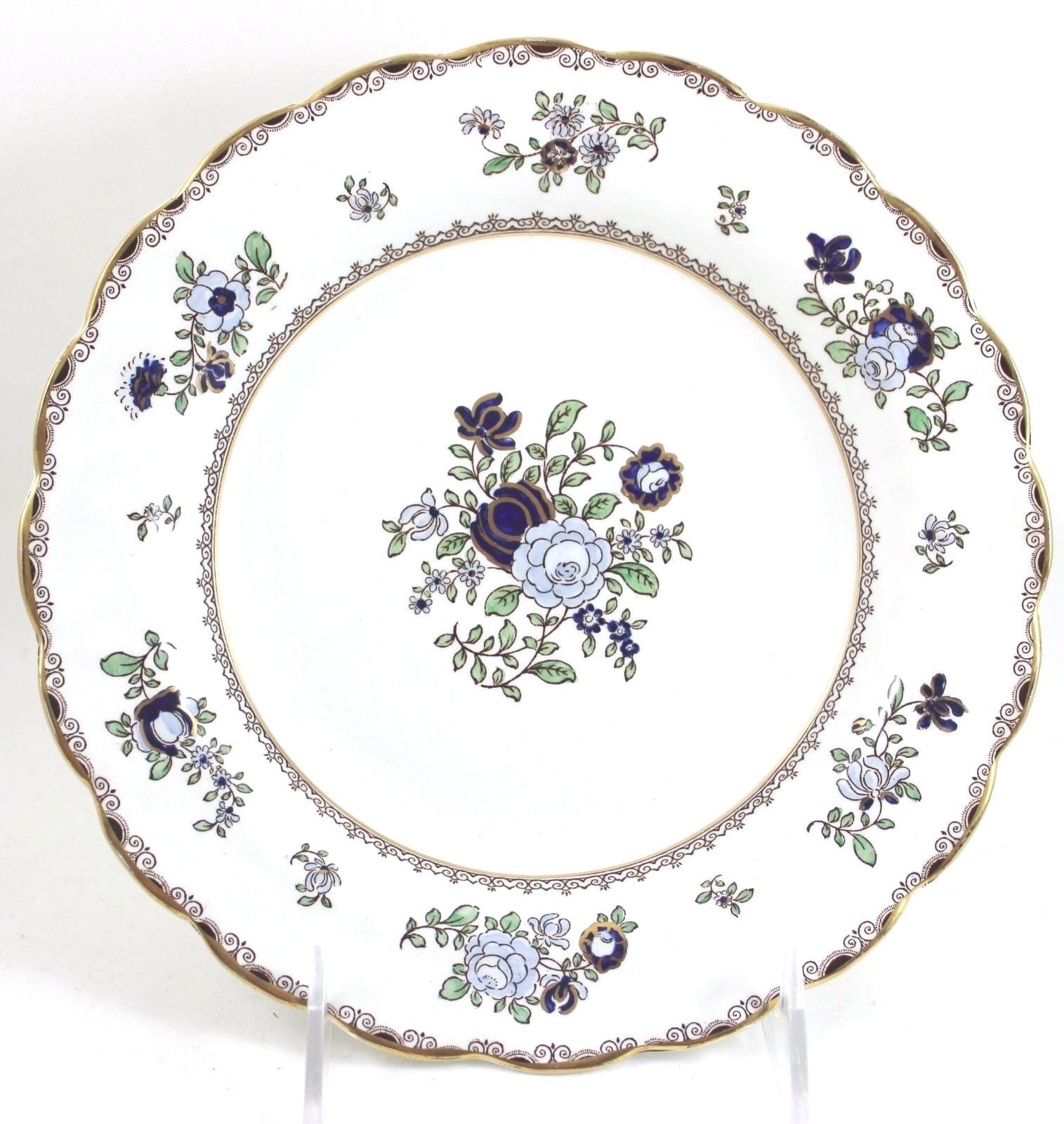 FINE SET 12 ANTIQUE BOOTH\'S CHINA PATTERN A8086 SCALLOPED BREAD PLATES GOLD BLUE