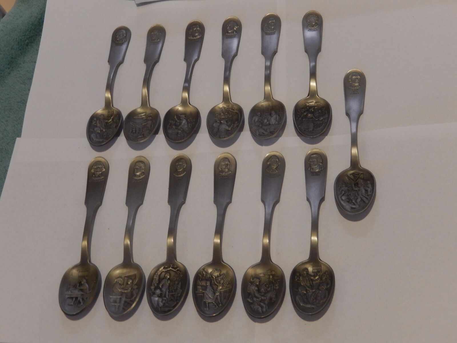 1976 Official Bicentennial Franklin Mint Pewter Set Of 13 Spoons 