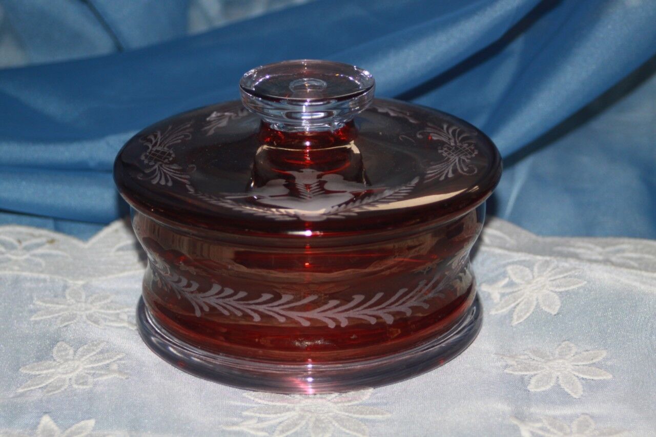 Vintage Bohemian Czech Red Cut to Clear Candy Dish Jar Birds