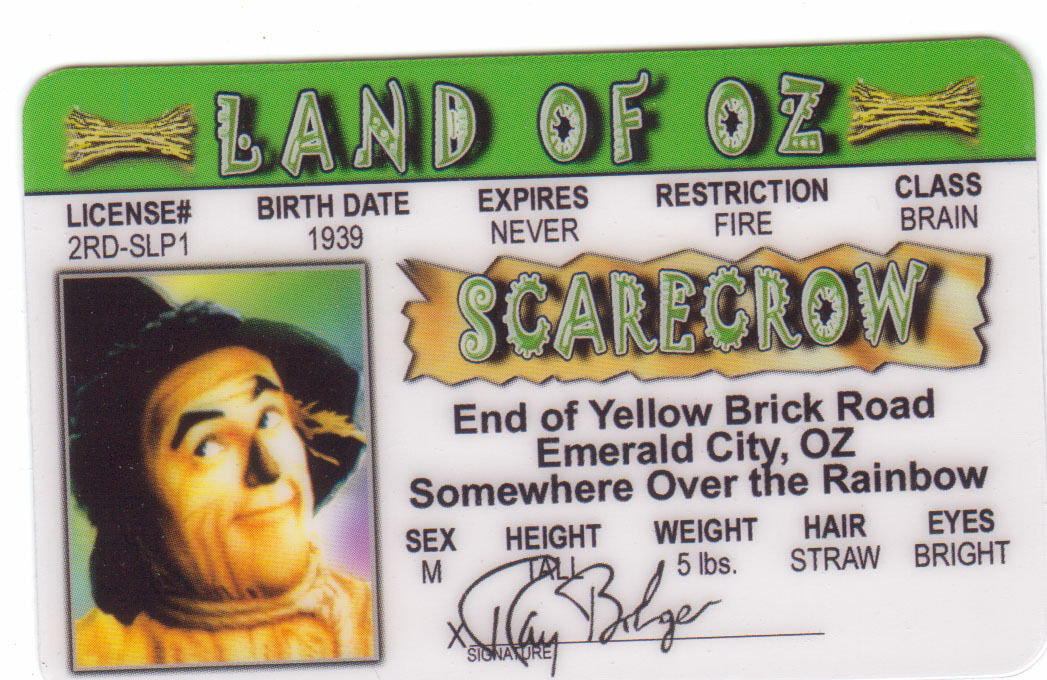 The Scarecrow - The Wizard of OZ novelty plastic collectors card Drivers License