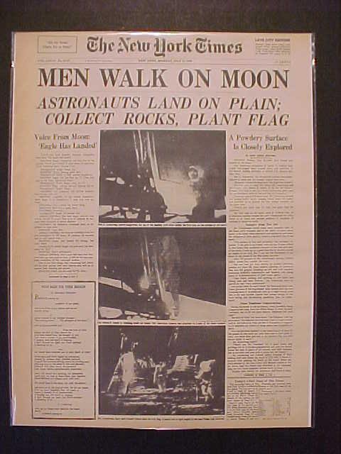 VINTAGE NEWSPAPER HEADLINE ~NASA ASTRONAUT SPACE MEN LAND WALK ON MOON SURFACE~