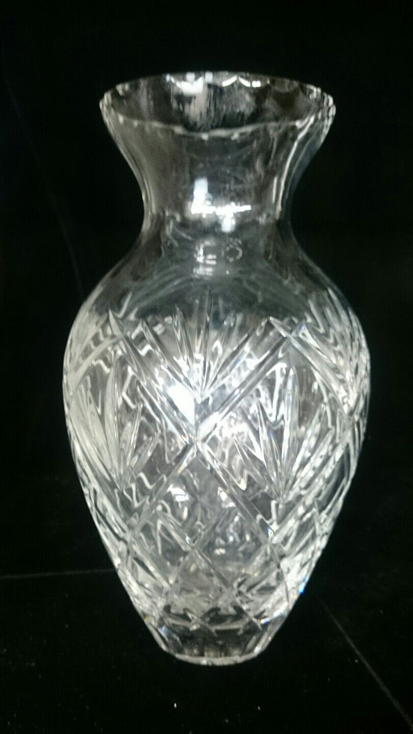 VINTAGE Large CUT CRYSTAL Glass Vase Ornate Criss Cross Style Pattern Etched Art