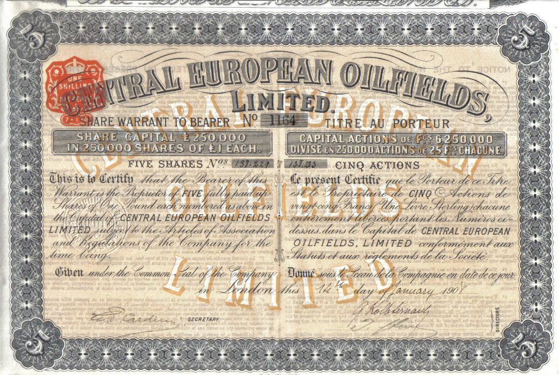 UK GB Bond 1908 Central European Oil Fields Ltd 5 shares £5 Uncancelled coupons	