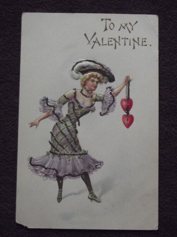 PRETTY LADY IN PURPLE EMBOSSED VALENTINE POSTCARD - HEARTS ON A GLITTER STRING