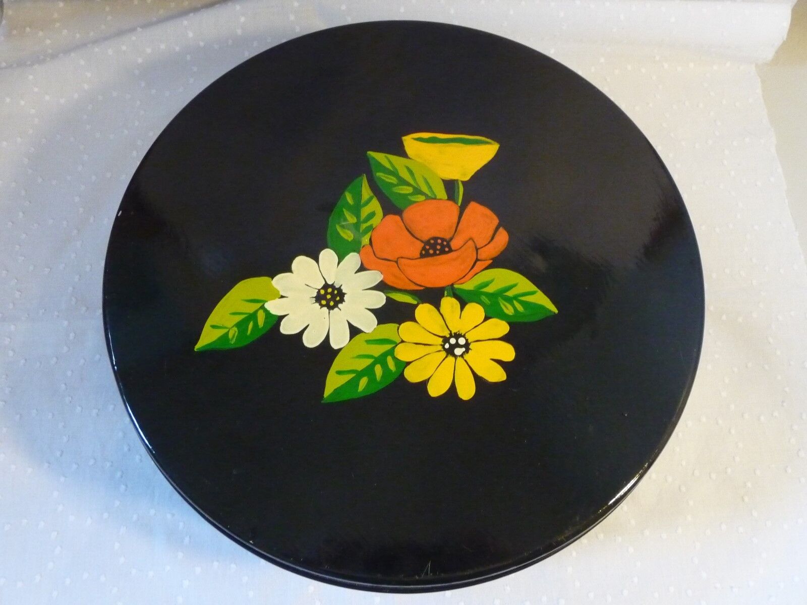 LARGE Vintage Hand Painted Black Floral Tin Can Decorative Collectible 