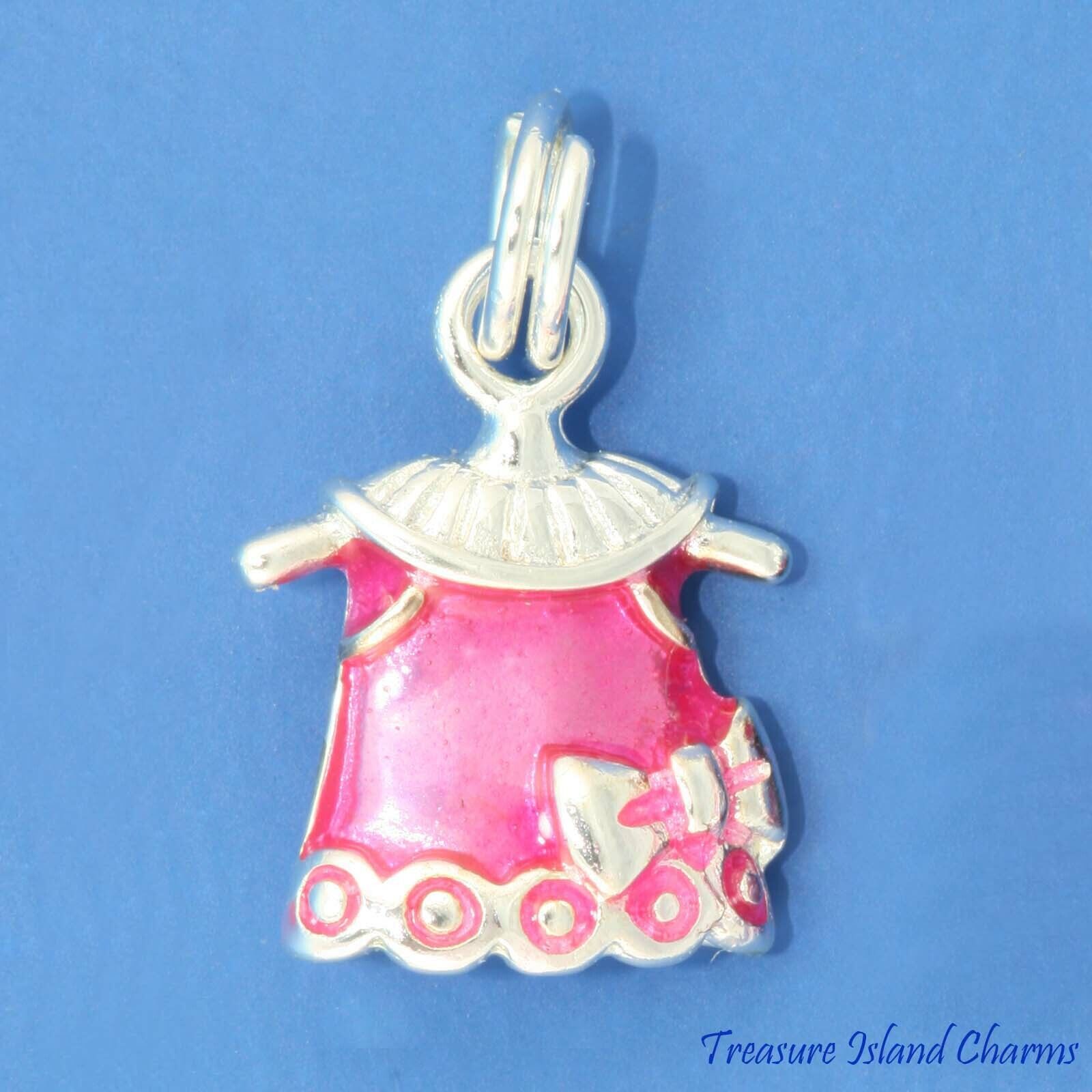 Pink Enamel Baby Girl Dress 3D 925 Solid Sterling Silver Traditional Charm