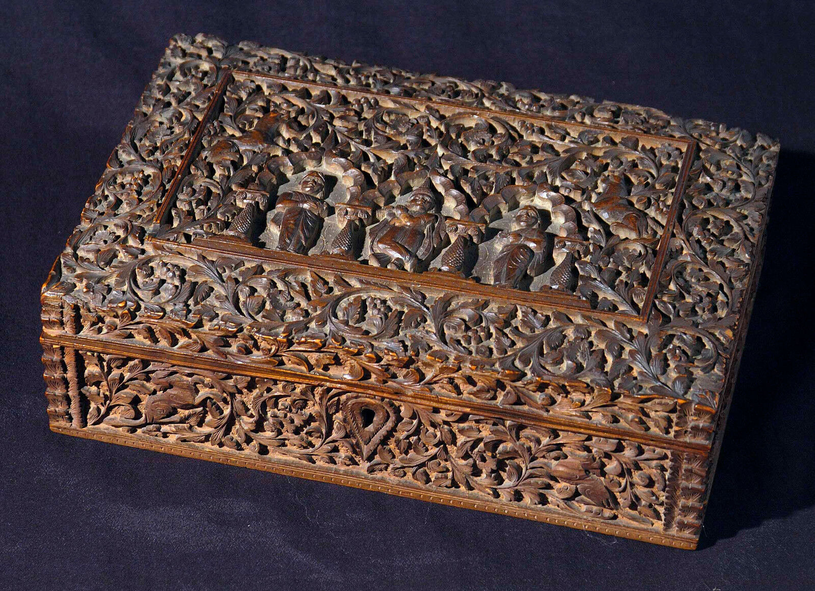 Antique carved Anglo-Indian sandal wood box, Mysore South India 19th century