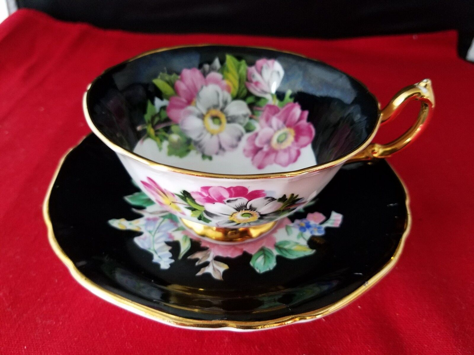 Vintage Adderley Black With  Flower  Footed Cup 2 1/4\