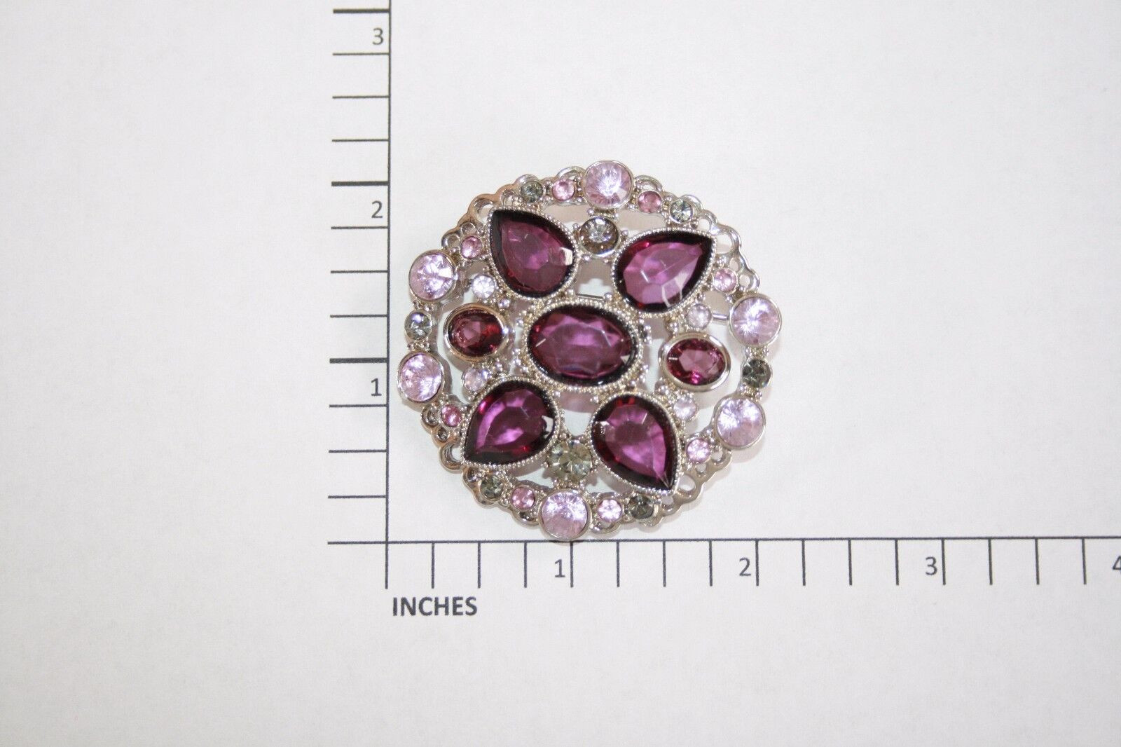 Brooch Pin - LC Liz Claiborne - Flower - Purple & Gray Rhinestones - Silver Tone