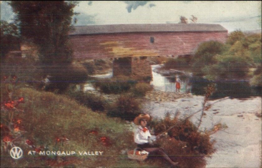 Mongaup Valley NY Covered Bridge & Boy Fishing c1910 Postcard