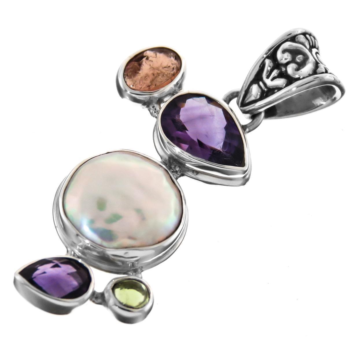 925 Silver Playful Tourmaline Amethyst Coin Pearl Sterling Pendant, 1 11/16\
