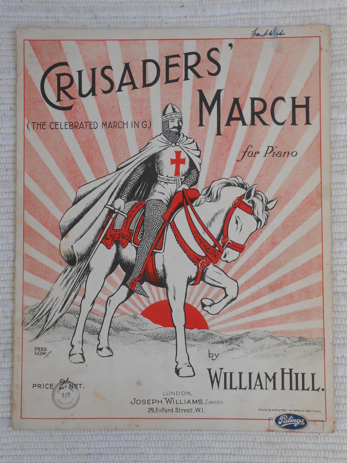 Sheet Music - Crusaders\' March - William Hill Piano Solo 1908 *Rare*