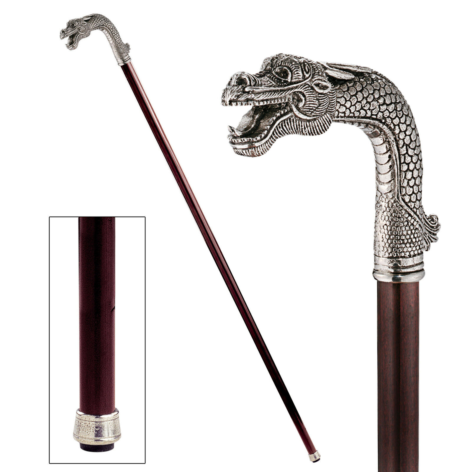 Italian Hand Crafted Solid Pewter Asian Dragon Head Hardwood Walking Stick Cane