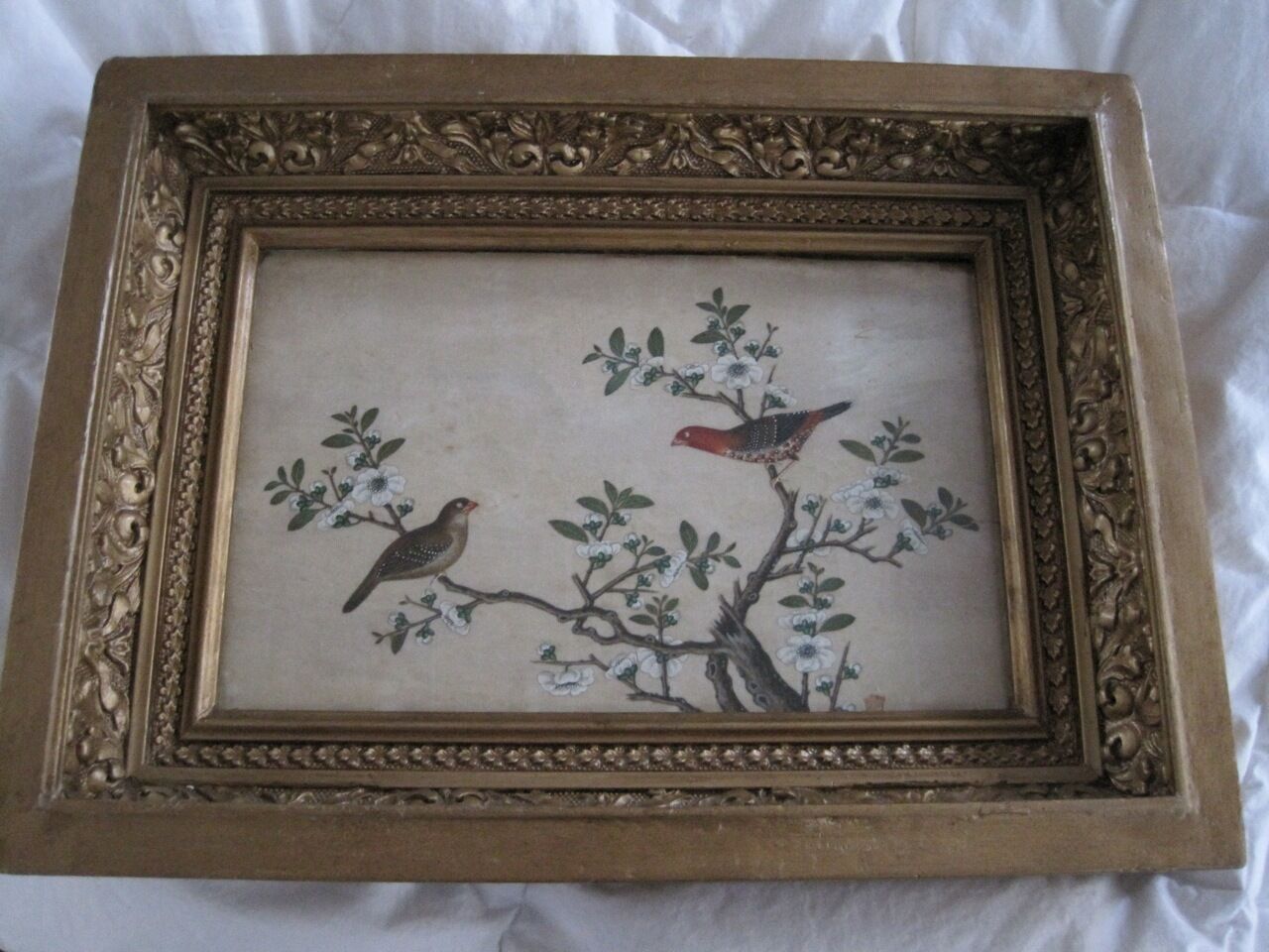 Antique 19c Chinese Export Watercolor Birds & Flowering Tree on Pith Paper c1840