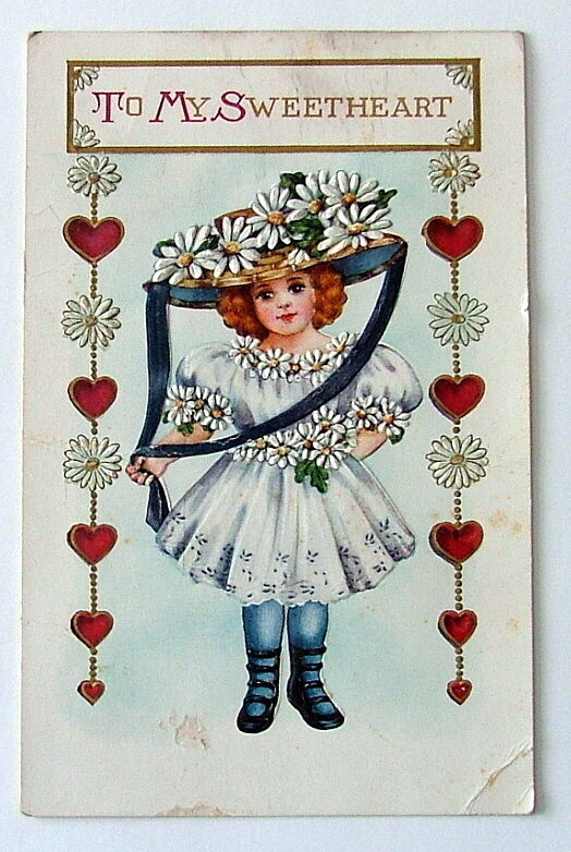 1914 VALENTINES DAY POSTCARD SWEETHEART BEAUTIFUL YOUNG GIRL FLOWER DRESS #5544s