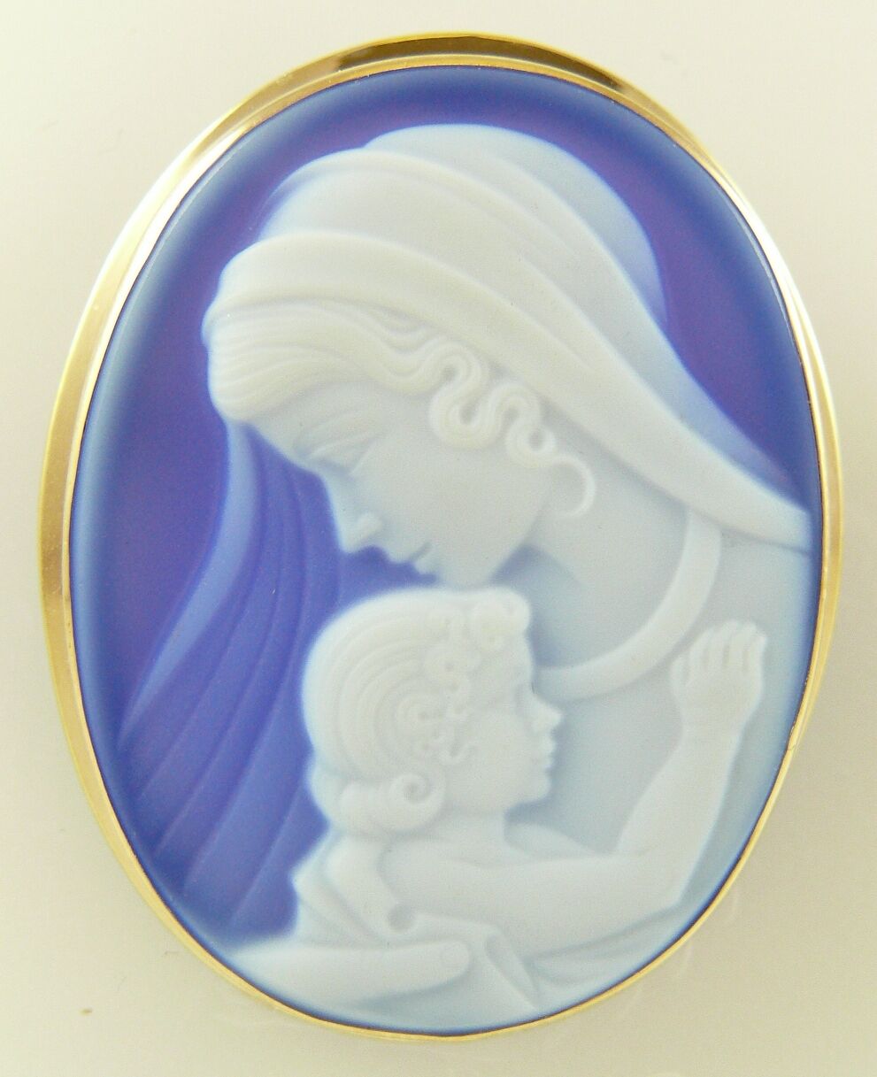 Cameo 35mm Blue Agate Mother and Child Pin and Pendant 14k Yellow Gold
