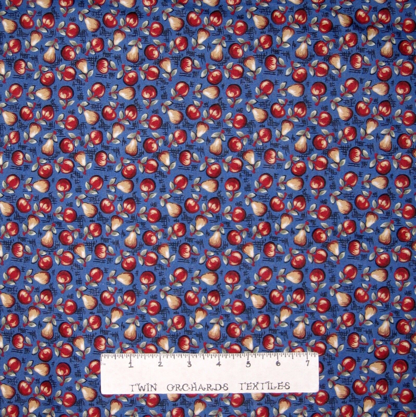 Calico Fabric - Apple & Pear Toss on Blue - Quilting Treasures LAST 16\