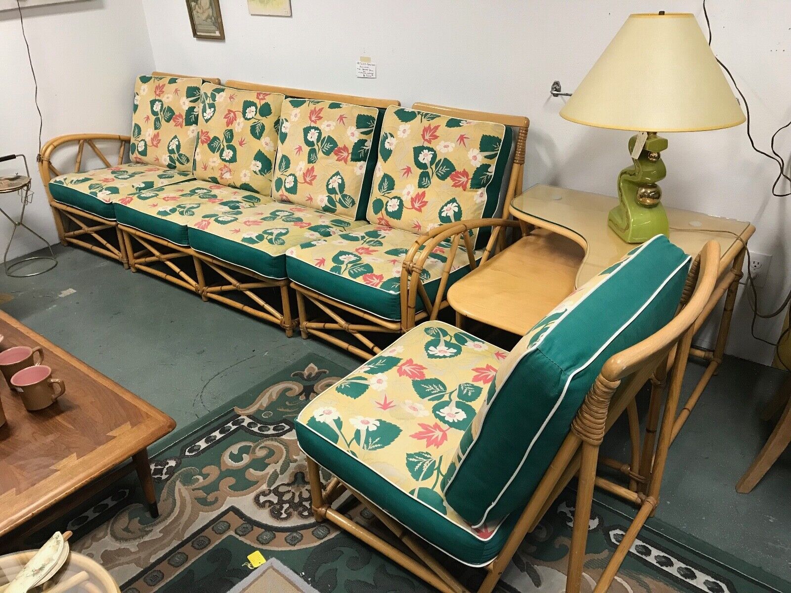 Vintage Mid Century Modern Heywood Wakefield Ashcraft Rattan Lounge Set Couch +