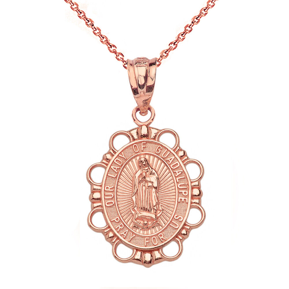 Solid 10k Rose Gold Lady of Guadalupe Pray for Us Pendant Necklace