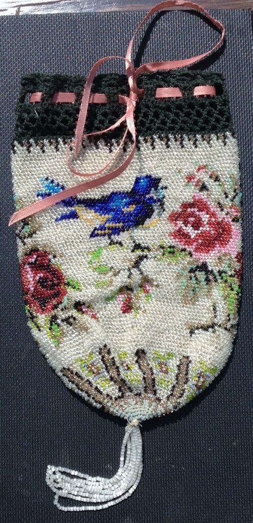 Victorian Glass Seed Bead Crochet Drawstring Bag Blue Bird on Rose Design 
