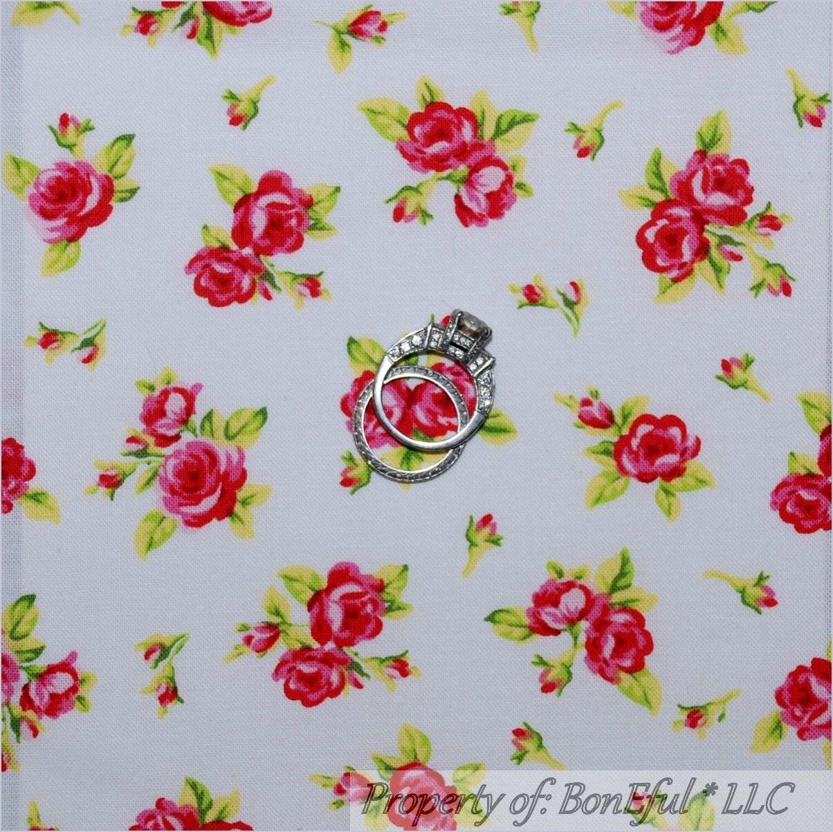 BonEful Fabric FQ Cotton Quilt VTG White Pink Green Dot Rose*Bud Flower Bohemian