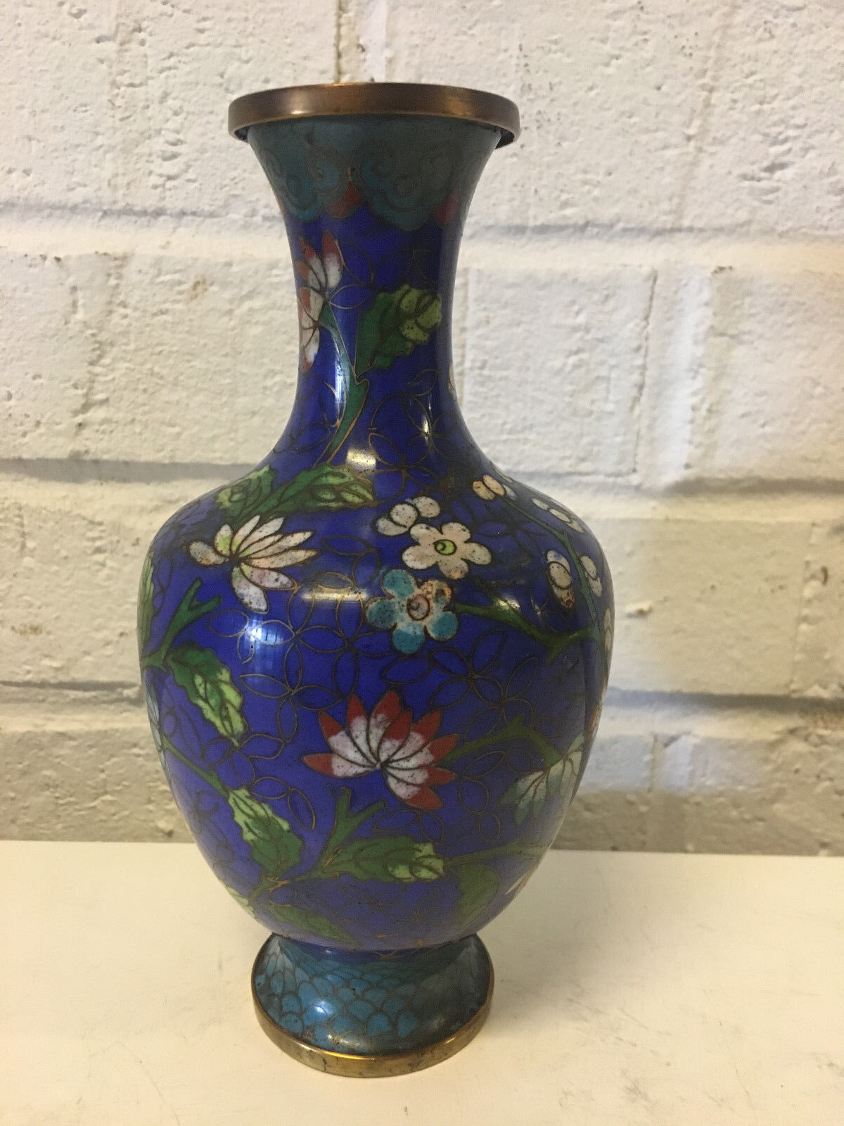 Vintage Antique Chinese Blue Cloisonne Vase w/ Floral Decoration w/ China Mark