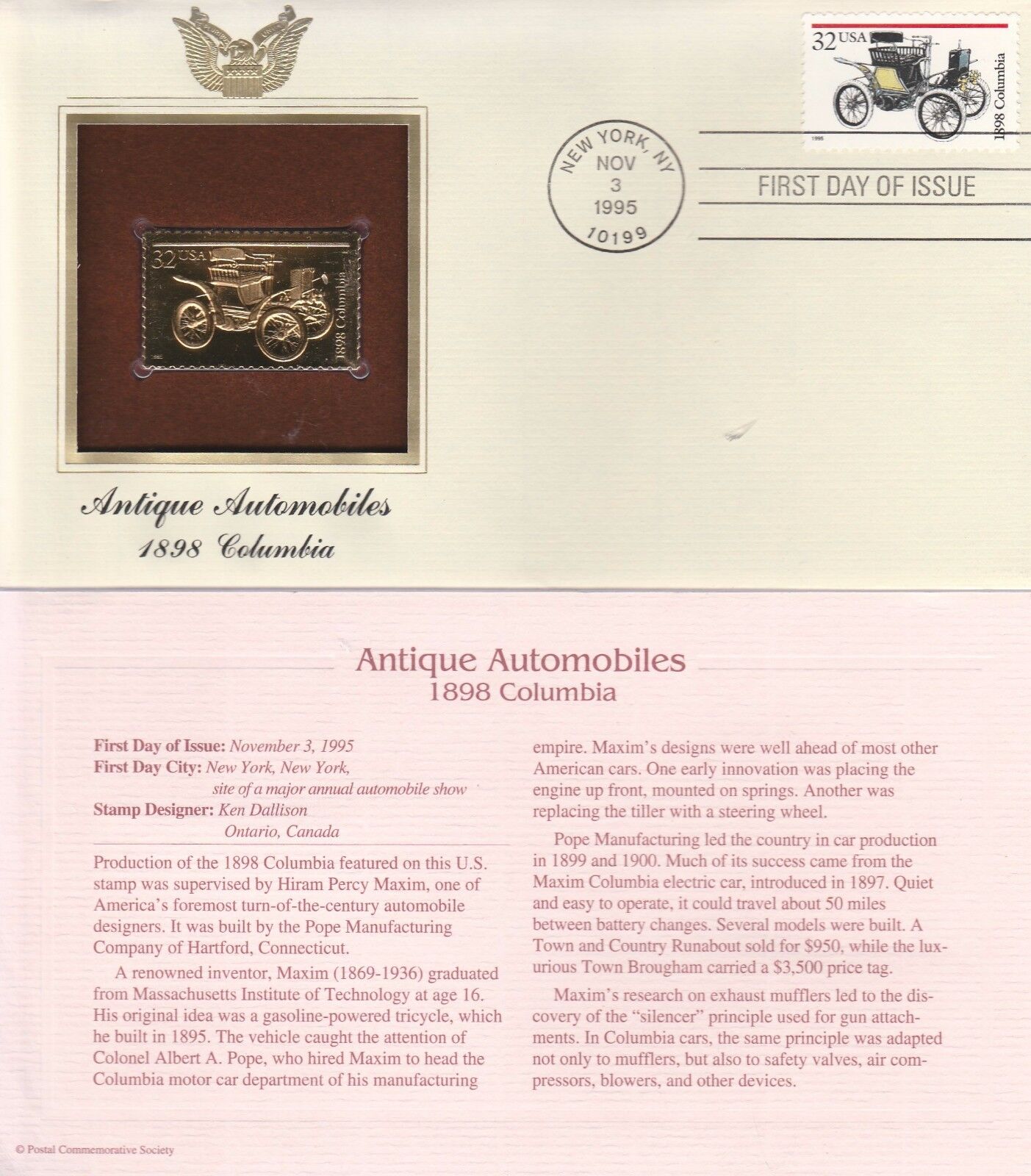 1898 COLUMBIA AUTOMOBILE GOLD FOIL STAMP REPLICA FIRST DAY COVER NOV.3, 1995