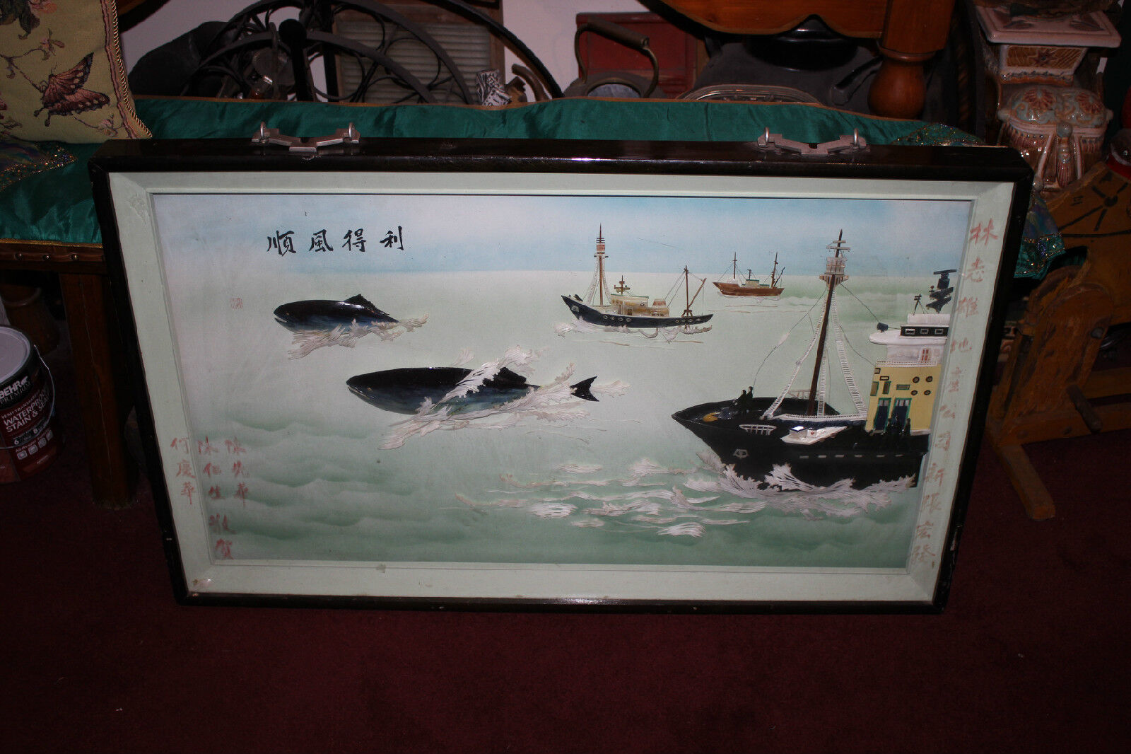 HUGE Vintage Japanese Diorama Shadowbox Whaling Hunt Boats Ocean-Signed Symbols